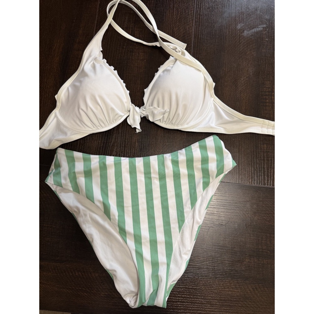 Victoria's Secret Bikini Set White Ruffle Top 34DD Green Striped Bottoms XL